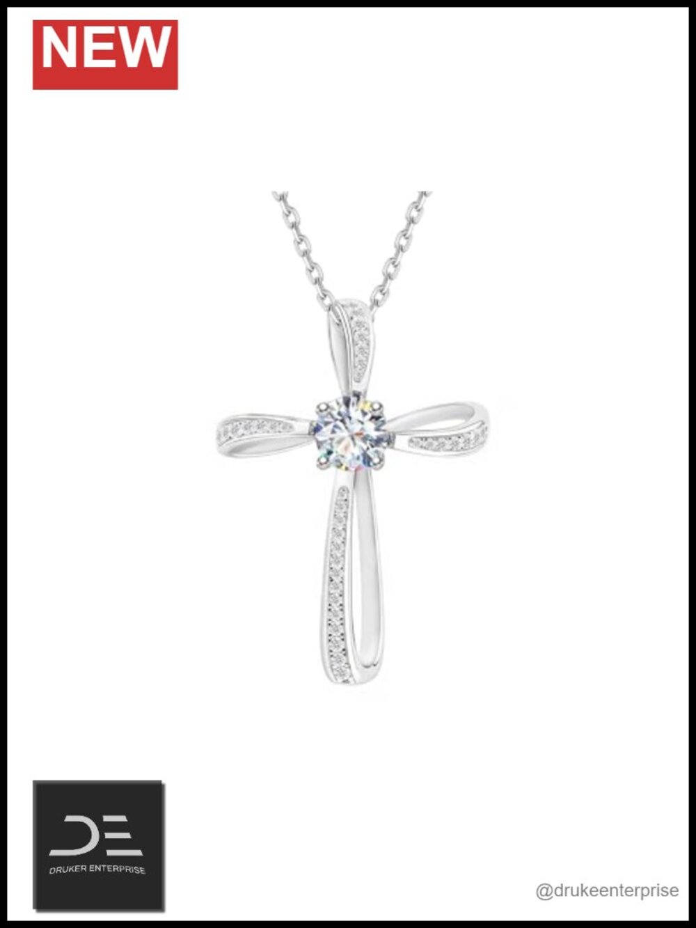 Moissanite Cross Necklace for Women, Sterling Silver Crucifix Pendant, 18"